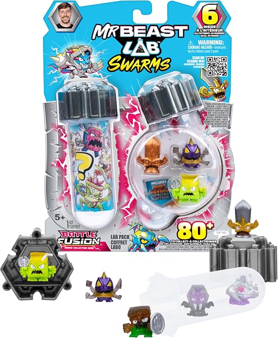 MrBeast Lab Swarms Battle Fusion Series, collect more than 80 unique 1-inch 2.5cm hordes. The lab pack includes 6 micro beasts, 6 collectible stickers, and 1 stackable fusion cap to build your very own MrBeast Lab