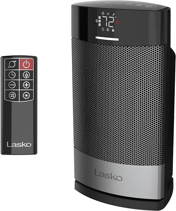 Lasko Ellipse Ceramic Tabletop Heater with Remote - 12 - CD12950 - Black | Home, Tip-Over Switch, Child Lock, Digital Display, Thermostat, AutoECO Mode, Wide Oscillation, Bedroom, Office, Den, 1500W