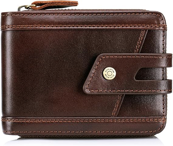 Genuine Leather Wallets for Men with Zipper RFID Blocking Large Capacity Retro Mens Wallet with Coin Pocket ID Window, Brown