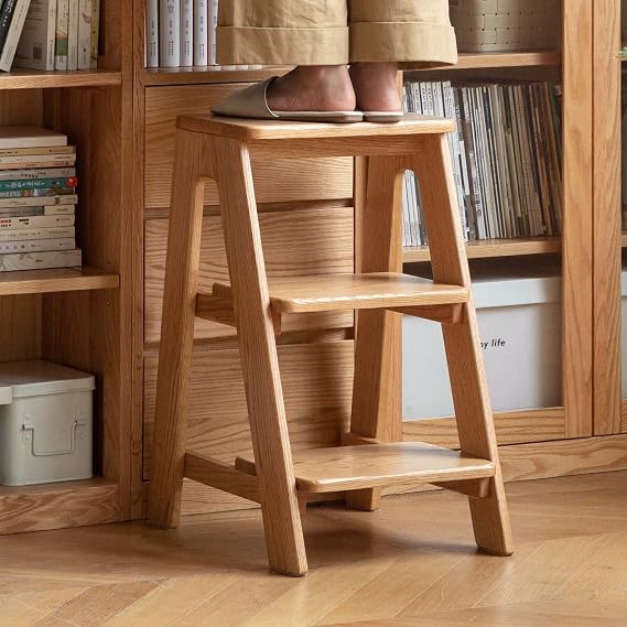 YESWOOD 100% Solid Oak Wood 3 Step Stool, Multifunctional 3-Tier End Table Nightstand Plant Stand Counter Barstool Dining Stool for Living Room Bedroom Kitchen (Natural Oak, 3-Tier)