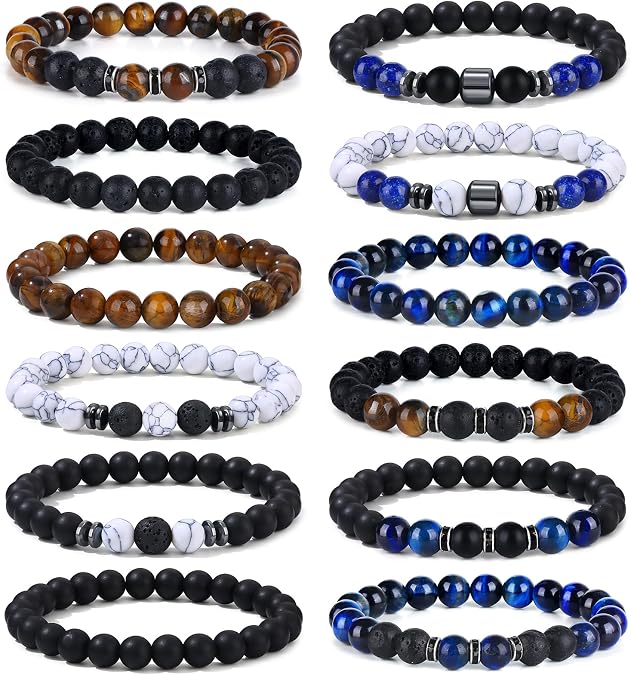 Giovanchi 4-12PCS Bracelets for Men, 8MM Mens Bracelets Lava Rock Black Obsidian Howlite Tiger Eye Beaded Natural Stone Bracelet Jewelry Gifts for Birthday Christmas