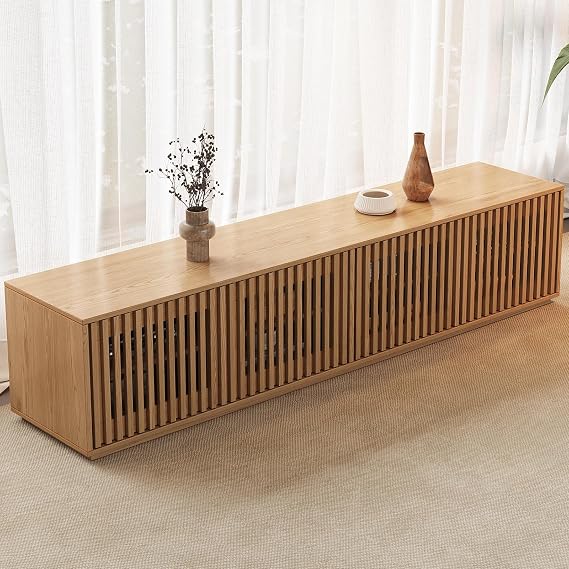 Extra Long 160cm TV Stand with Storage, Wooden Media Unit with Fluted Slatted Doors, Modern Lowboard TV Cabinet for Living Room, Entertainment Unit for Large TV (FURTOGUYI-TV-160-OAK)