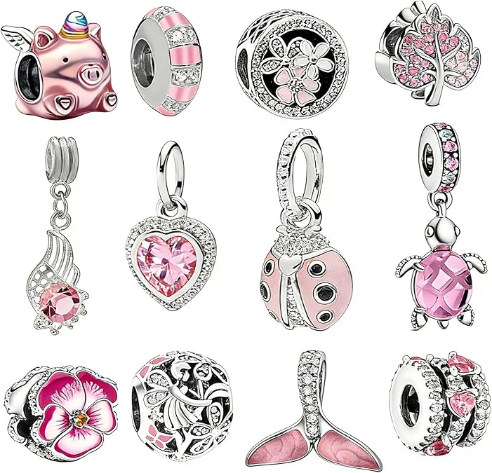 12 PCS Charms for Pandora Bracelet, Personalised Bracelet Charms | Pink Cute Charms for Crafting Making DIY , Bracelets Charm for Jewelry Mom Women Girls Teen Family