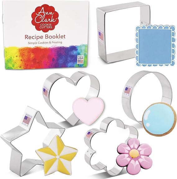 Ann Clark Set of 5 Basic Cookie Cutters (Star, Heart, and More) Made in USA | 5 Perfectly Shaped and Sized Basic Cookie Cutters from America's Largest Cookie Cutter Maker, Food-Safe American Steel