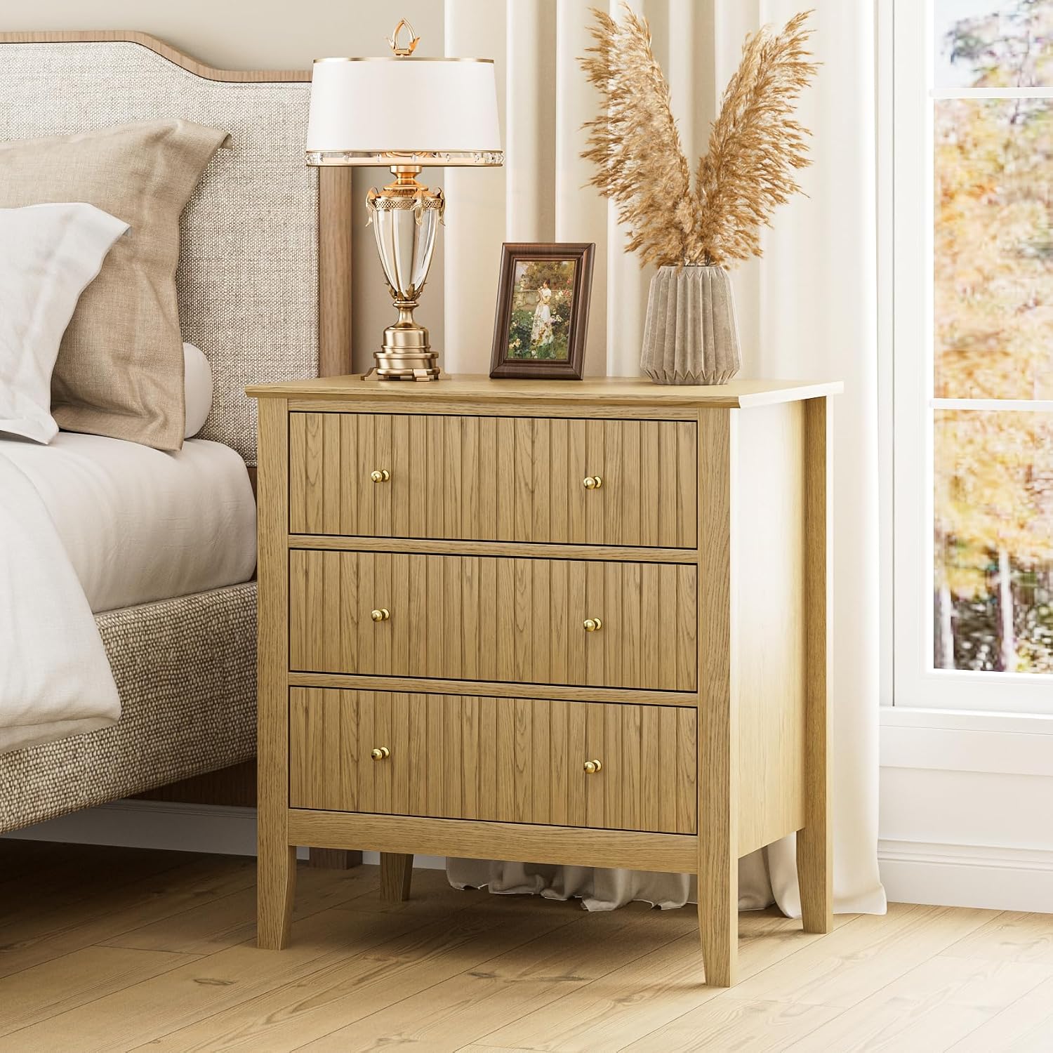 Large Bedside Table Bedroom, 3 Drawer Chest of Drawers, Bedside Cabinet With Metal Handles,for Bedroom Livingroom,Hallway,Honey Oak