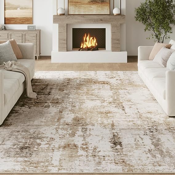 Fmfunctex 8x10 Washable Abstract Area Rug Brown Grey Neutral Modern Large Non Slip Carpet for Living Room Bedroom Soft Low Pile Indoor Mat Accent Throw Rug for Dining Kitchen Office Nursery, Grey Gold