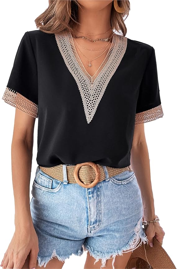 Women's Lace Deep V Neck Short Sleeve Shirt Summer Casual Fashion Crochet Boho Tunic Colorblock Blouse Top