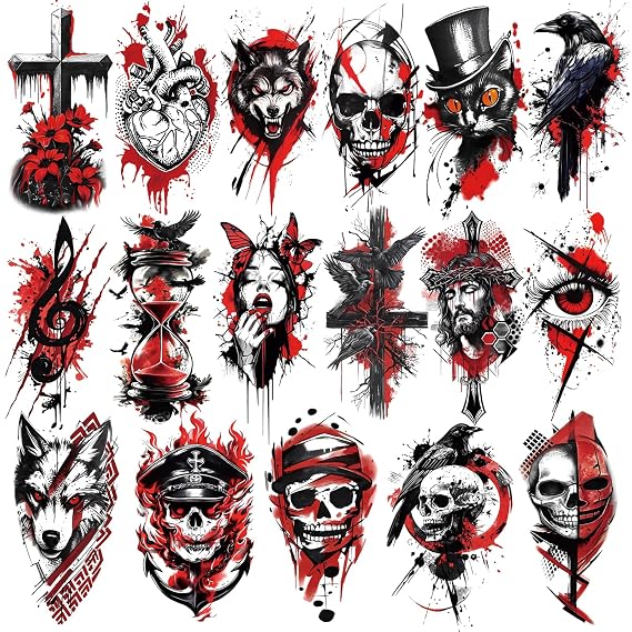 77 Sheets Temporary Tattoos, 17 Sheets Half Arm Black & Red Trash Polka Skull Heart Wolf Crow Cat Cross Flower for Adults Shoulder Neck, 60 Sheets Small Fake Tattoo Sticker for Teen Men Women Body Art