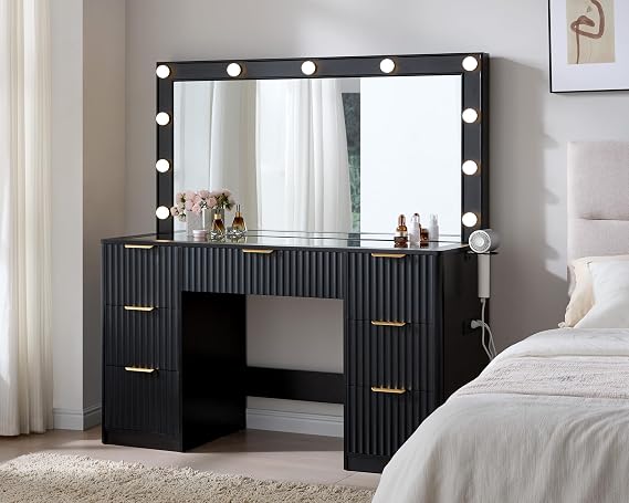 AMERLIFE 47.2" Fluted Vanity Desk with Large Mirror and Lights, Black | 7 Drawers Large Black Makeup Vanity Table with Glass Top and Charging Station for Women and Girls, Bedroom or Dorm