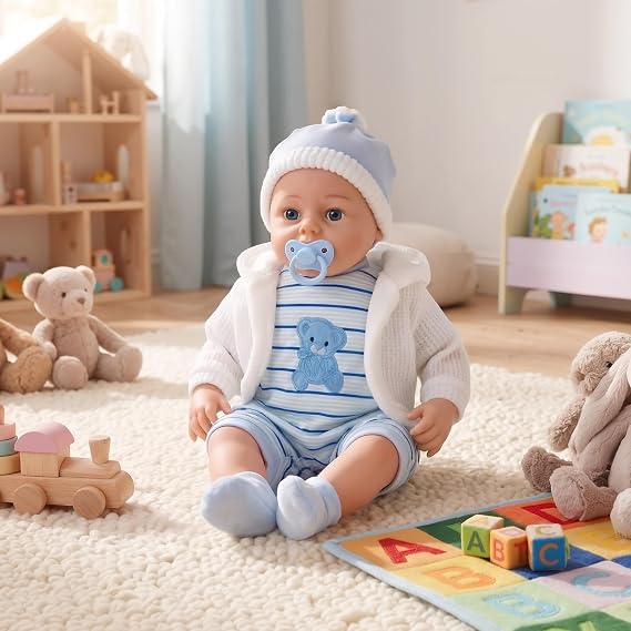 The Magic Toy Shop BiBi Doll 18-Inch Baby Doll Skye with 16 Sounds – Realistic Newborn Boy with Dummy, Soft Body, Vinyl Limbs & Removable Blue Outfit – for Girls, Boys & Toddlers 18 Months+