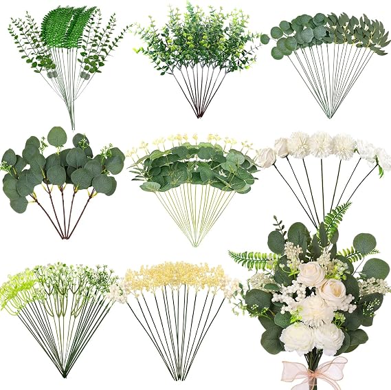 120PCS 15 Kinds Artificial Eucalyptus Stems Mixed Faux Eucalyptus Stems Leaves and Flowers Bulk Silver Dollar Eucalyptus Stems for Floral Arrangements Wedding Home Vase Bouquet Greenery Decoration
