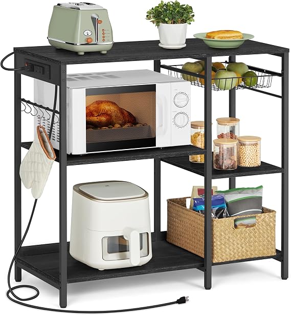 VASAGLE Kitchen Bakers Rack, Steel Frame, Wire Basket, 6 Hooks | Coffee Bar, Microwave Oven Stand, for Mini Oven, Modern Basic, Charcoal Gray and Matte Black, BARNET Collection UKKS036B22