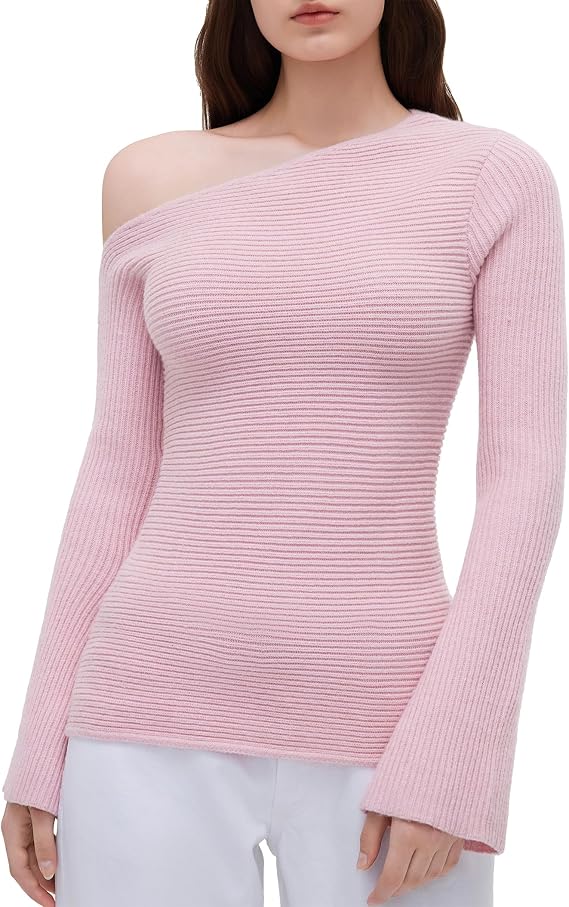 OMKAGI Off the Shoulder Fall Sweaters for Women Trendy Slim Fit Ribbed Knit Long Sleeve Top