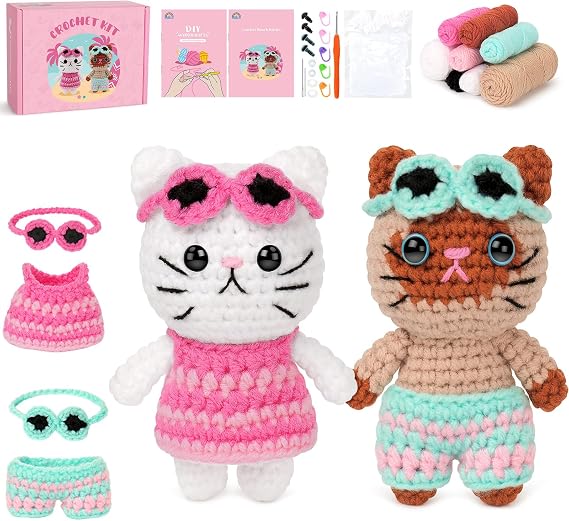 Learning Crochet Kit for Beginners Beach Theme of Cat Crochet Kits Complete Animal Crochet with instruction Knitting Learning Kit Cat Crochet Starter Kit Animal Set Beginners Crochet Kitten Dressing