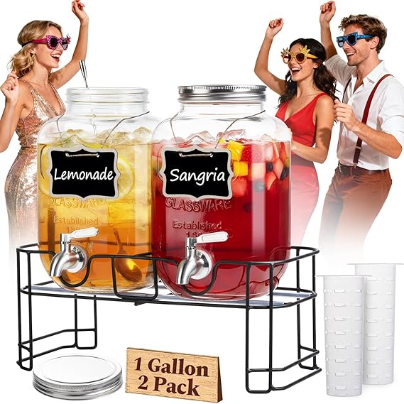 KIKCOIN 1 Gallon Glass Drink Dispensers for Parties, 2 Pack Leakproof Beverage Dispenser with Stand & 18/10 Stainless Steel Spigot & Filter -for Lemonade, Juice, Sun Tea, Punch- ALL DISHWASHER SAFE
