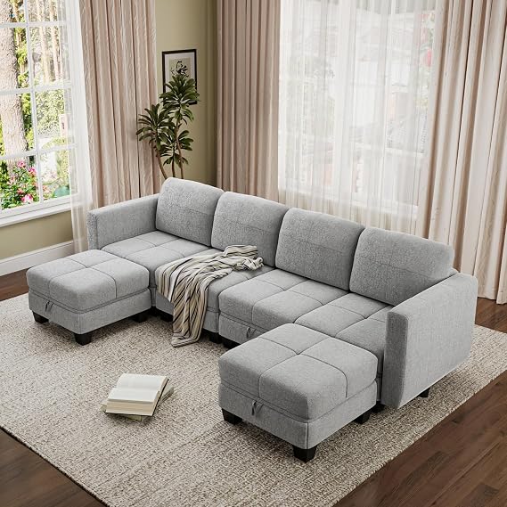 6 Seater Sofas with Ottoman, Fabric Modular Sectional Sofa with Storage Seat and Upholstered Cushions for Living Room Home Office, Grey