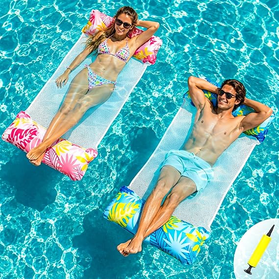 Pool Hammock Floats Adults 2 Pack, 4 IN 1 Multi-Purpose Inflatable Swimming Pool Floats Water Hammock, PVC Material Pool Toys, Inflatable Hammock Lounger Floaties with Air Pump