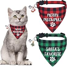 STMK 2 Pack Christmas Cat Bandana Collar with Bell, Breakaway Holiday Cat Kitten Bandana Collar with Bell Santa Christmas Tree for Christmas Cats Costumes Outfits (Merry Meowmas & Santa's Favorite)