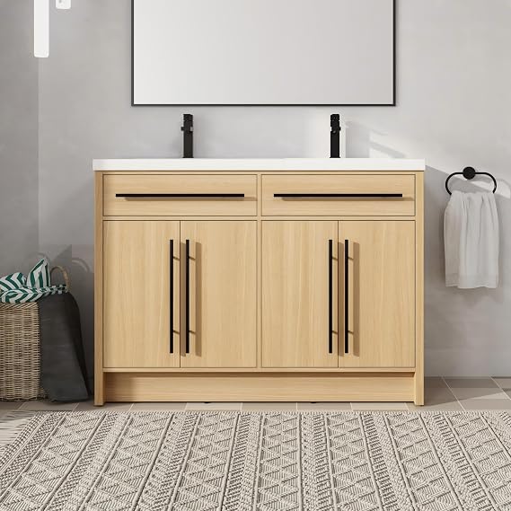48" Bathroom Vanity with Sink, 48 Inch FreeStanding Vanity, Double Sink Floor Stand Vanity Combo, Modern Brown Bathroom Vanity Set with 4 Soft Close Door and White Basin Sink
