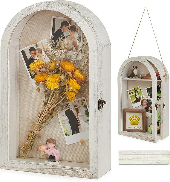 DGWJSU Shadow Box Frame 10x16 Large Shadow Boxes Display Cases with Linen Back and Removable Shelves, Picture Frame Wedding Bouquet Memorabilia Medals Photos Memory Box for Keepsakes (White)