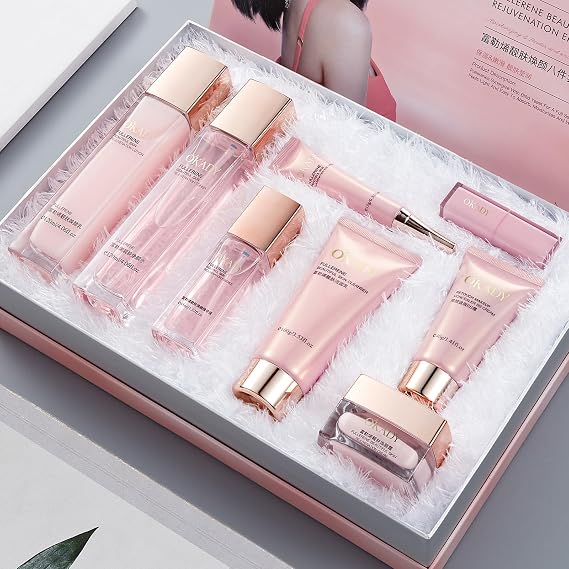 8-in-1 Skincare & Makeup Gift Set with Antioxidant Complex Cleanser, Toner, Lotion, Serum, Eye Cream, BB Cream & Velvet Lip Color Hydrating Routine for All Skin Types, Daily Glow Essentials