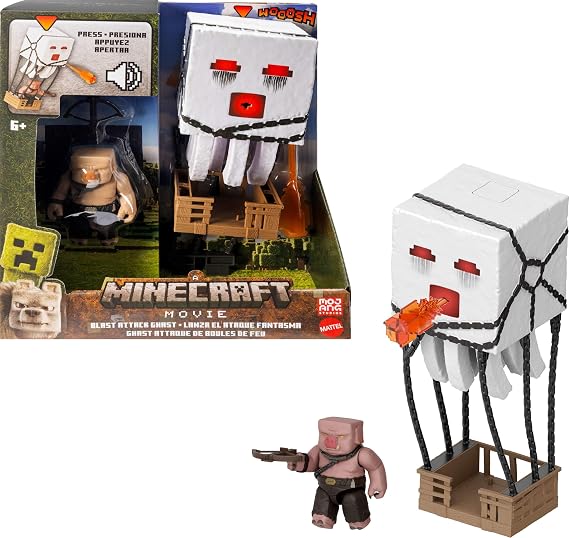 Mattel Minecraft Filmden ilham alan aksiyon figürü seti, ışıklar, sesler ve ateş topu fırlatma özelliğiyle balon figürü, fırlatıcı ve disk, piglin savaşçısı, JFB69