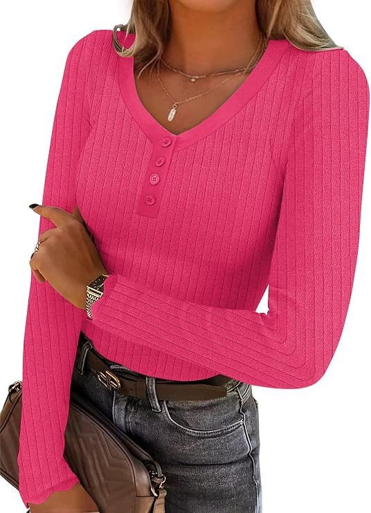 GEMLON Henley Shirts for Women Long Sleeve Button Up V Neck Slim Fitted Sweaters Ribbed Knit Fall Tops