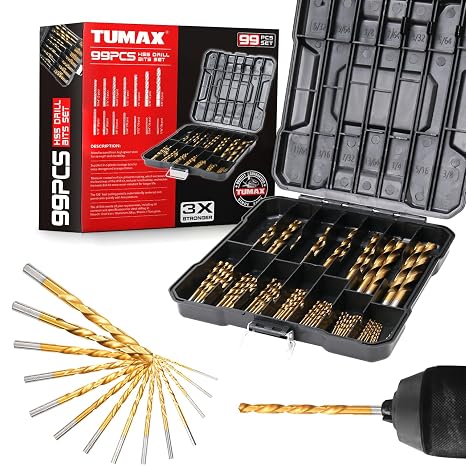SAE 99Pcs Titanium Coated Drill Bit Set, 135 HSS 1/16"-3/8"