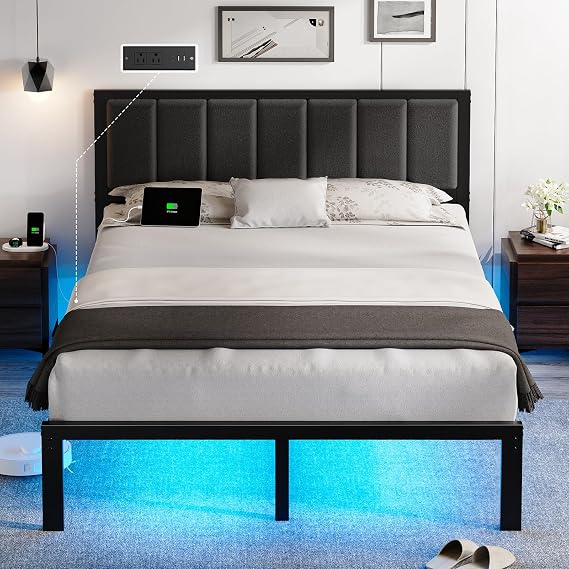 OLEVS Queen Bed Frame with Headboard, Smart LED & Charging Station