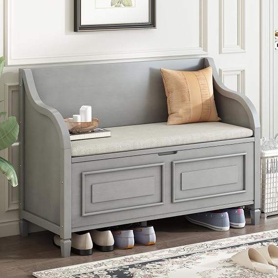 RuiSiSi Shoe Bench with Hidden Storage Space and Upholstered Cushion, Solid Wood Multi Functional Storage Bench with Safety Hinge, Rustic Style Entryway Storage Bench for Hallway, Gray Wash+ Beige