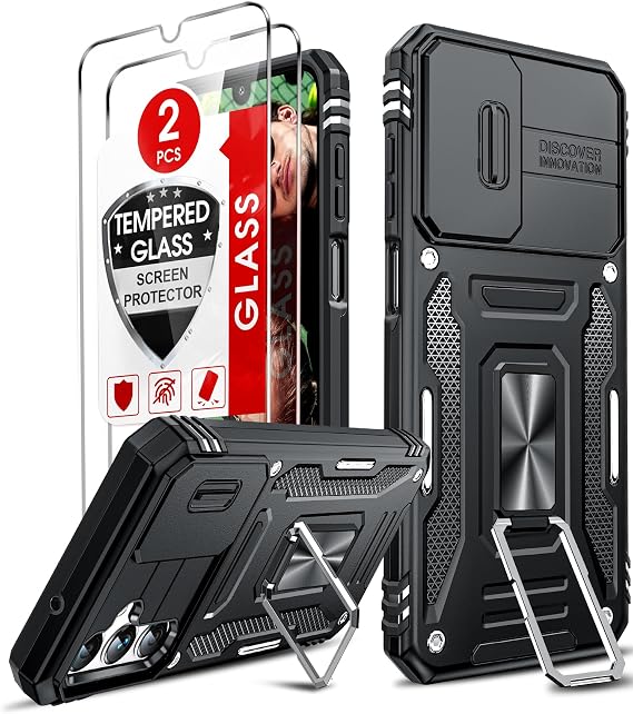 LeYi Compatible for Samsung Galaxy A14-5G Phone Case Magnetic Stand, Black | Galaxy A14 Case with [2 Pack] Tempered Glass Screen Protectors, Slide Camera Cover Funda para A 14 5G Android Cell