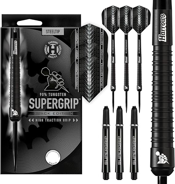 Harrows SUPERGRIP BLACK EDITION 90% Tungsten Steel Tip Darts Set. Available in 21g, 22g, 23g, 24g, 25g, 26g, 28g & 30g - Includes Supergrip Shafts & Supergrip Flights