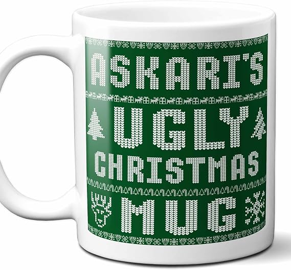 Askari Name Christmas Gift. Personalized Ugly Christmas Sweater Coffee Mug. Funny Custom Xmas Gift, Stocking Stuffer For Friends, Coworkers And Person Who Has Everything. 11 Ounces.