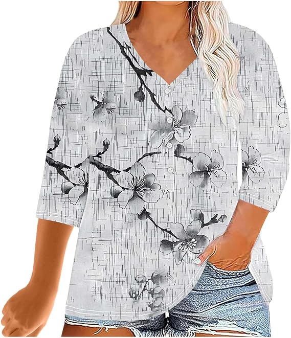 Women Plus Size Shirts Casual Oversized 3/4 Sleeve Button Down V-Neck Floral Print Tunic Blouse Summer Trendy Clothes
