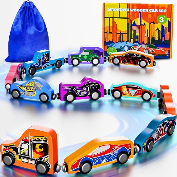 Toys for Boys Kids: 11 Magnetic Train Car Set, Toys for Boys, Travel Montessori Wooden Toy for Toddlers, Birthday Superhero Gifts for Kids