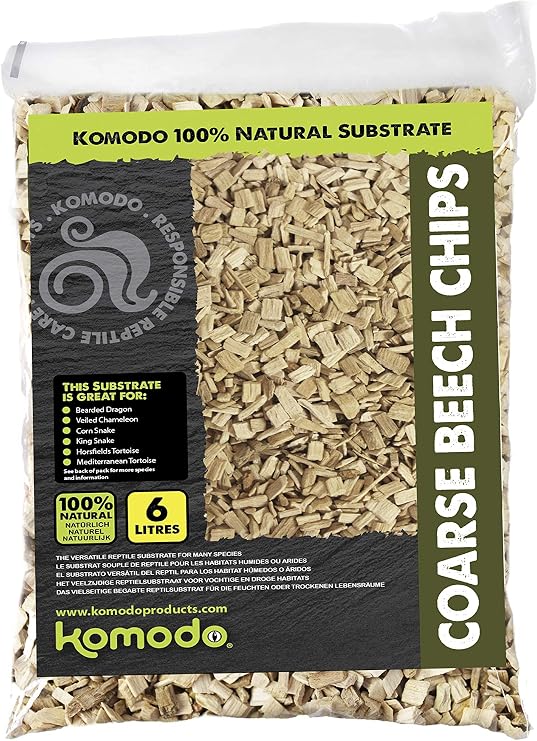 Komodo Coarse Beech Chips Substrate for Reptile Cage Vivarium Habitat Premium Natural Non Toxic Durable Long Lasting Moisture Control Bedding - 6L