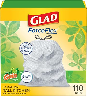 Glad ForceFlex Tall Kitchen Drawstring Trash Bags, 13 Gal, Gain Original, 110 Ct Package May Vary