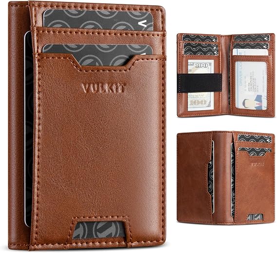 VULKIT Credit Card Holder RFID Blocking Slim Leather Front Pocket Mens Wallet Bank Card Holder Quick Access with 10 Slot and Money Band for Bills or Receipt, Palm-Size Wallet, Brown, petit, Minimalist