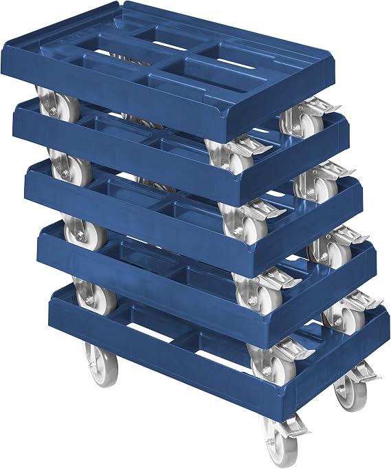 Logiplast 5 Stück Transportroller 600x400 mm mit 2 Feststellbremsen Kistenroller für Euroboxen und E-Kisten HDPE 300 kg je Roller blau