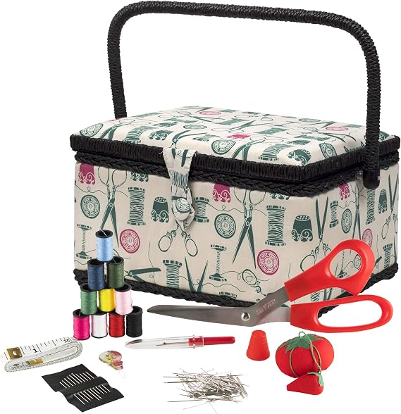 SINGER Large Sewing Basket Kit, Vintage Spools, Notions Pack, 127 Count