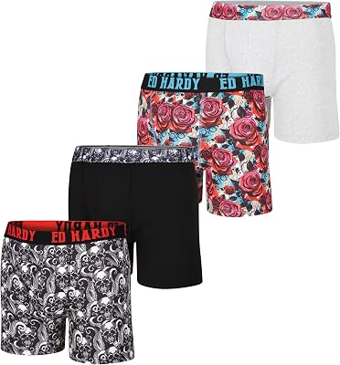 ED HARDY Mens Boxer Briefs 4 Pack, Soft Fabric Underwear, Pull On Closure, Machine Washable Comfortable Stretch Boxers
