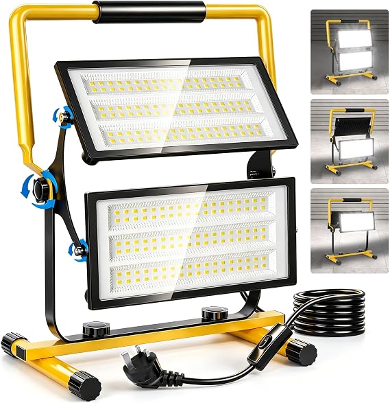 200W LED Work Light 2,0000LM Super Bright Portable Floodlight 6500K Job Site Light with Independent Switch Control IP66 Waterproof Plug in Work Light for Garage Workshop Construction Site [Energy Class F]