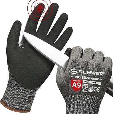 Schwer ProGuard Highest Level Cut Resistant Work Gloves PR3326 for Extreme Protection,ANSI A9 Cut Gloves with Reinforced Thumb, Non Slip, Breathable, Durable, Touch-screen, Black 1 PairS