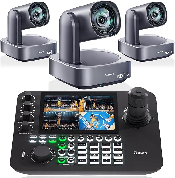 Tenveo 4K NDI PTZ Camera and Controller Bundle, AI Auto-Tracking HDMI/USB3.0/LAN/PoE 4K PTZ Camera(3PCS) and PTZ Controller 7-Inch LCD Quad-Screen 4D Joystick NDI Controller Kit for Live Streaming