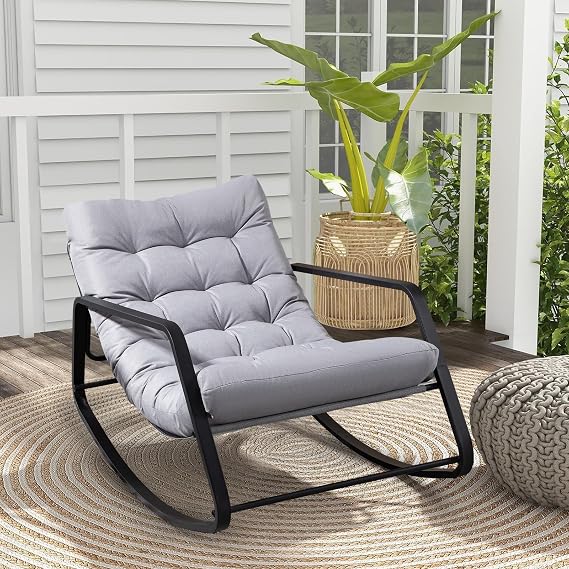 Outdoor Rocking Chair with Padded Cushion, Cozy Backyard Furniture Metal Frame, Outside Rocker Chair for Patio Lawn, Front Porch, Balcony (Gray)