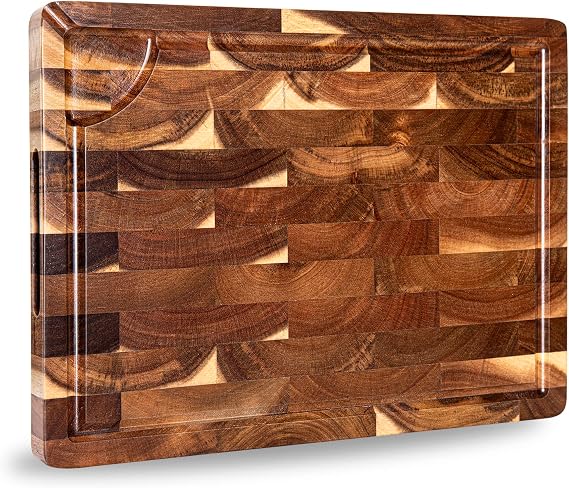 TJ POP Acacia Wood Cutting Board, Grain Inlay Parquet, Hard and Durable, Impact Resistant, High Durability, High Anti-corrosion, Easy to Dry, Grooved to Catch Juices, Vertical Fiber, Knife Edge