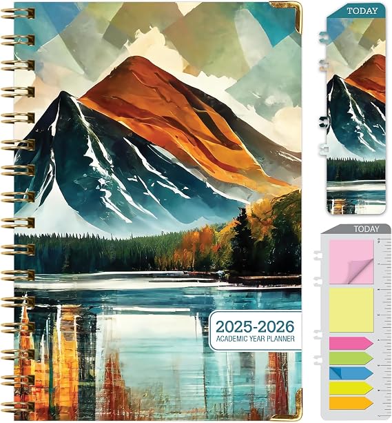 HARDCOVER Academic Year 2025-2026 Planner: (June 2025 Through July 2026) 5.5"x8" Daily Weekly Monthly Planner Yearly Agenda. Bookmark, Pocket Folder and Sticky Note Set (Lake View)