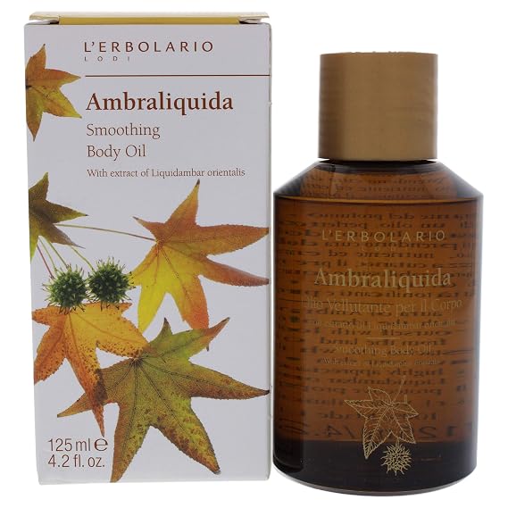 LErbolario Ambraliquida Smoothing Body Oil - Firming, Anti-Aging, Dry Skin Moisturizer - Massage and Vitamin E Oil with Liquidambar Extract - 4.2 oz
