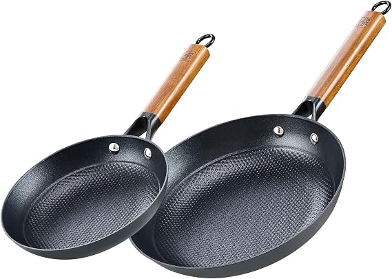 DM Cast Iron 8/10 Inch Nonstick Skillets, 2 Piece Frying Pan Set with Detachable Acacia Wooden Handle, Honeycomb Non Stick Omelet Egg Pan, Induction Cookware Easy Clean Oven Safe Pans for Cooking