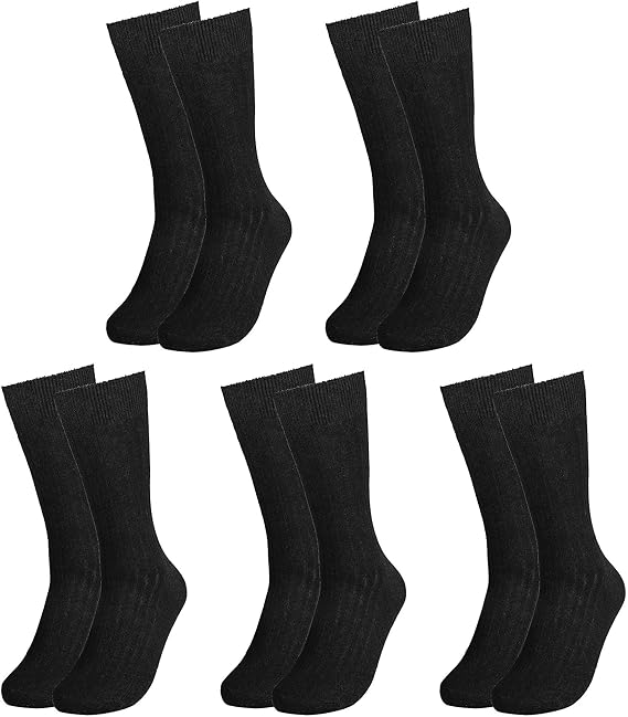 Falari Men Dress Socks 5-Pack Plain Rib Black Dress Socks Cotton Crew Socks Size 10-13